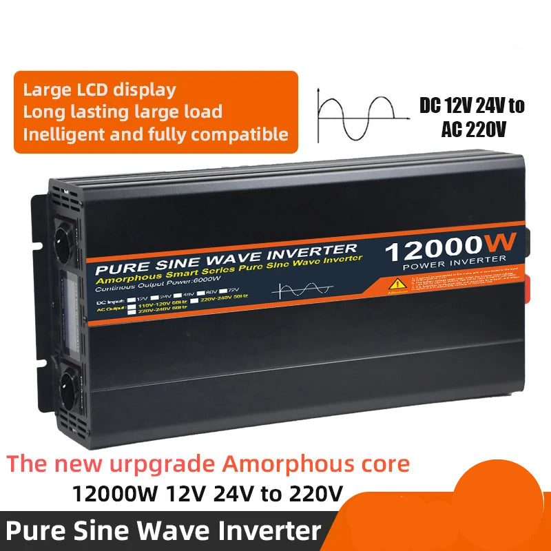12000W Zuivere Sinus Omvormer – Sinusgolf Converter – Stroom Omvormer – DC Naar AC Omvormer – 24V Naar 220V – Compact Design – 6000W Continu Vermogen