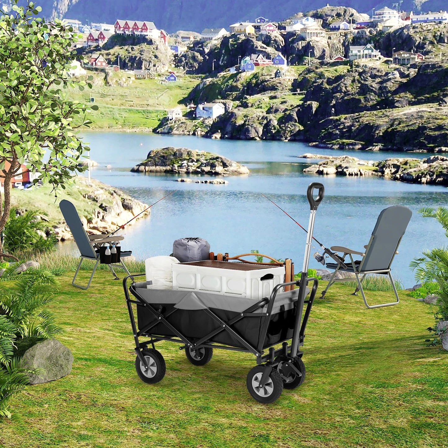 Tuinwagen - Tuinkar - Bolder - Transport - Strand - Boodschappen - Heavy-duty - Plat- en - Hekwerkontwerp - Voor Tuin - Erf - en Magazijn - Ergonomische Handgreep - 100L - 360° Draaibare Wielen - Draagvermogen 80kg - Zwart en Grijs - QUORE