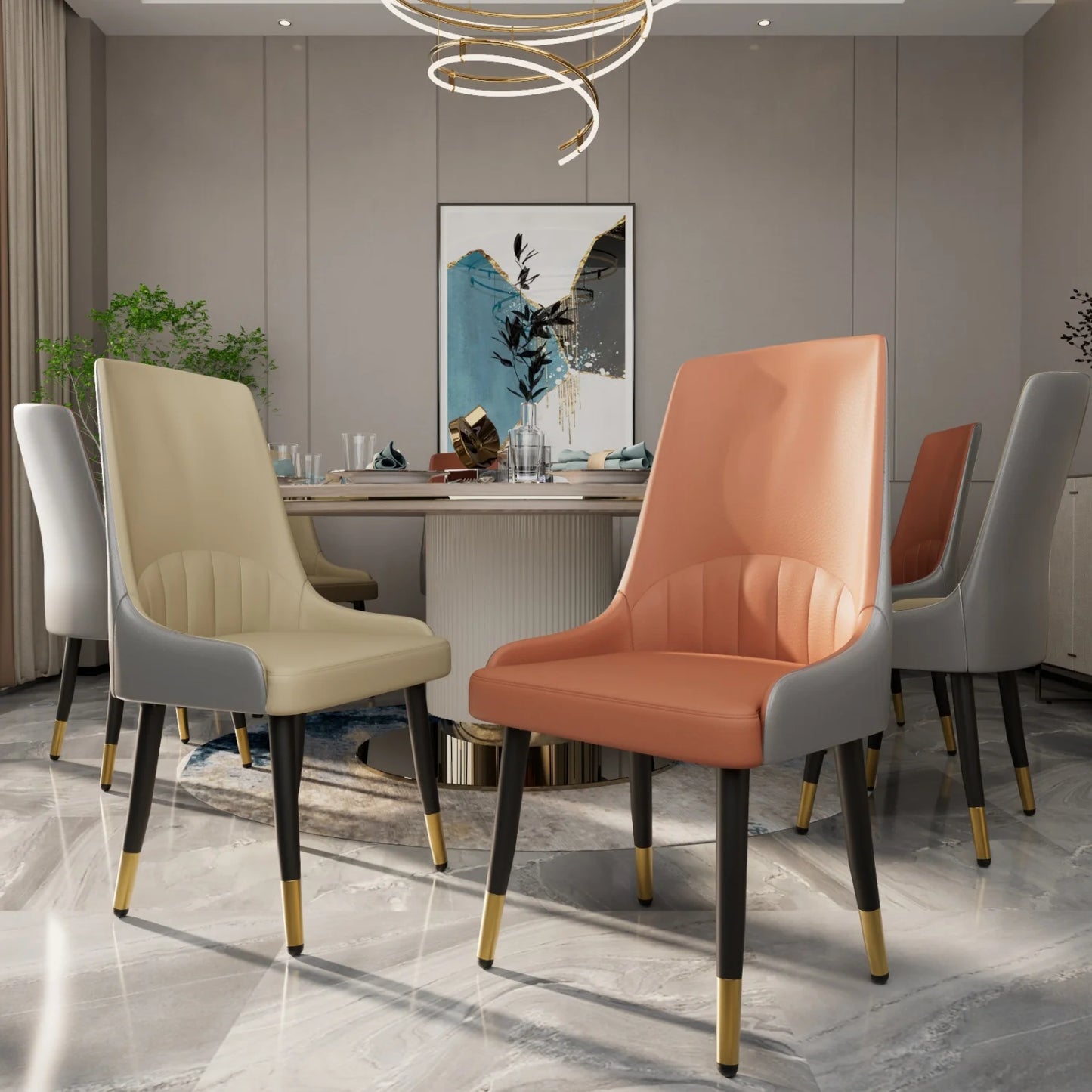 Eetkamerstoelen – Stoelset – Keukenstoel – Designstoel – Barschauw – Microfiber Kunstleer – Stevig Metaal & Hout – Set van 2 – Comfortabele Zitting – Modern Oranje-Grijs