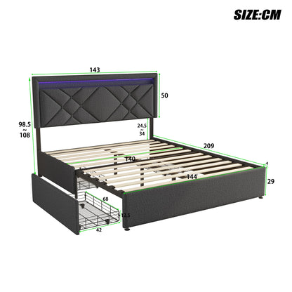 Comanlai 140x200cm/160x200cm Upholstered Bed with 4 Drawers,Headboard with USB Charging Port and LED Lighting,Double Bed,Linen
