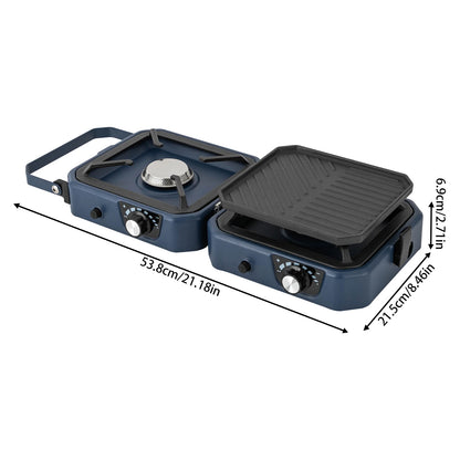 Kooktoestel - Gasstel - Campinggasfornuis - Campingmeubelen - 2-in-1 - met Grillplaat - 2 Branders - Inklapbaar - Draagbaar -  voor Buitenactiviteiten - Kamperen - Noodsituatie - 53.8 x 6.9 cm - Blauw