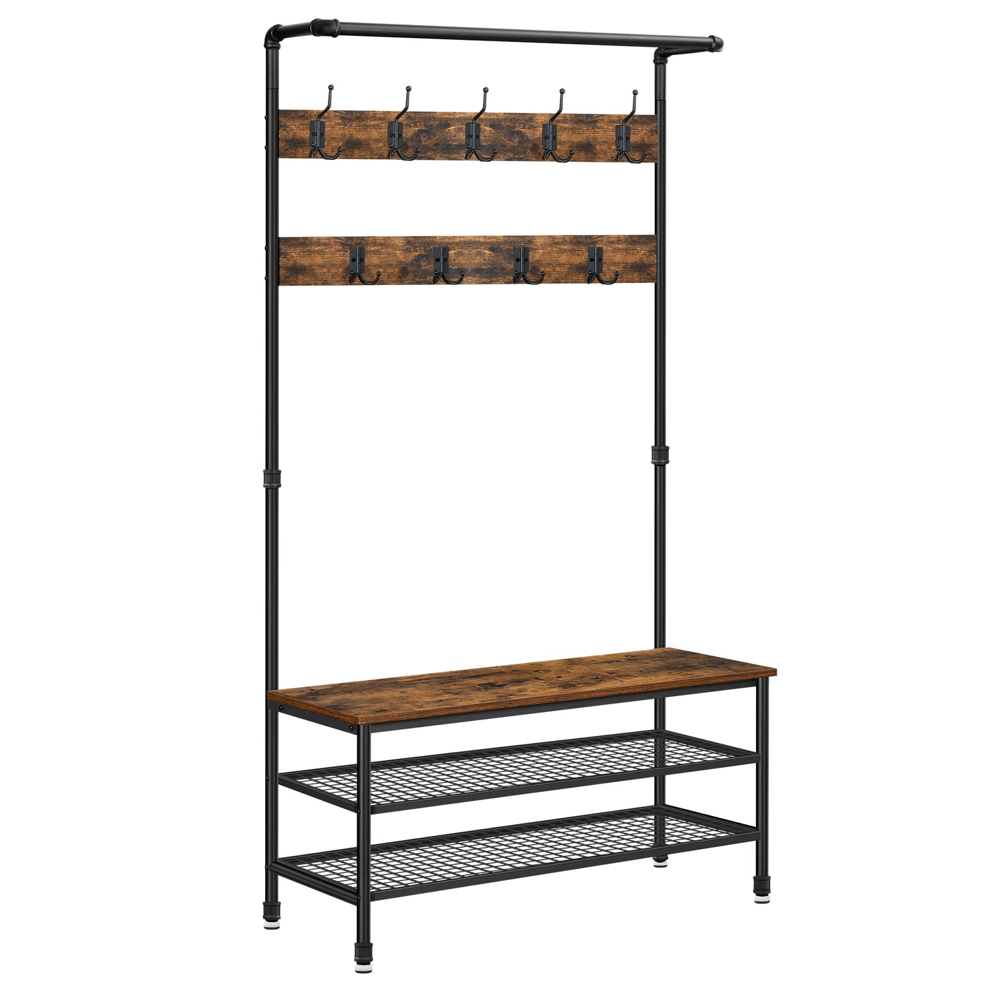 Industriële Kapstok - met Bench en Waterpijp Elementen - Grote Kledingstandaard - met Opbergruimte - Zwart en Vintage Design