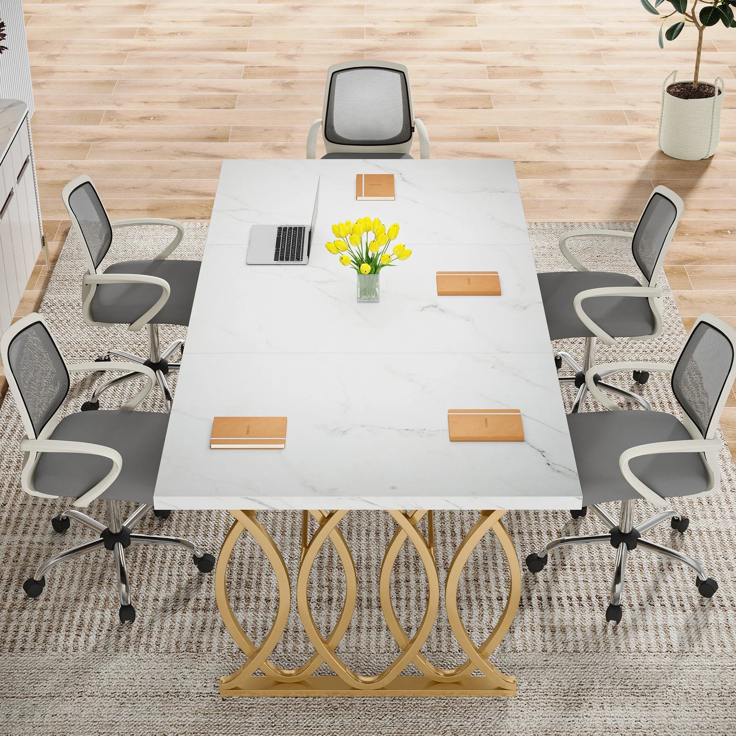 Bureautafel – Werktafel – Thuiswerkplek – Studiebureau – Kantoormeubel – Stevig Metaal Frame – Krasbestendig Tafelblad - 160 x 80 x 75 cm - Wit & Goud