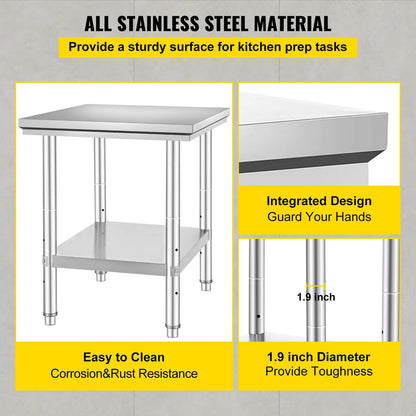 Keukenwerktafel - Kookeiland - Kookeiland - Tafel - Commerciële Horeca Tafel - 24x24x32 inch - 330LBS - met Onderblad Roestvrij Staal - QUORE