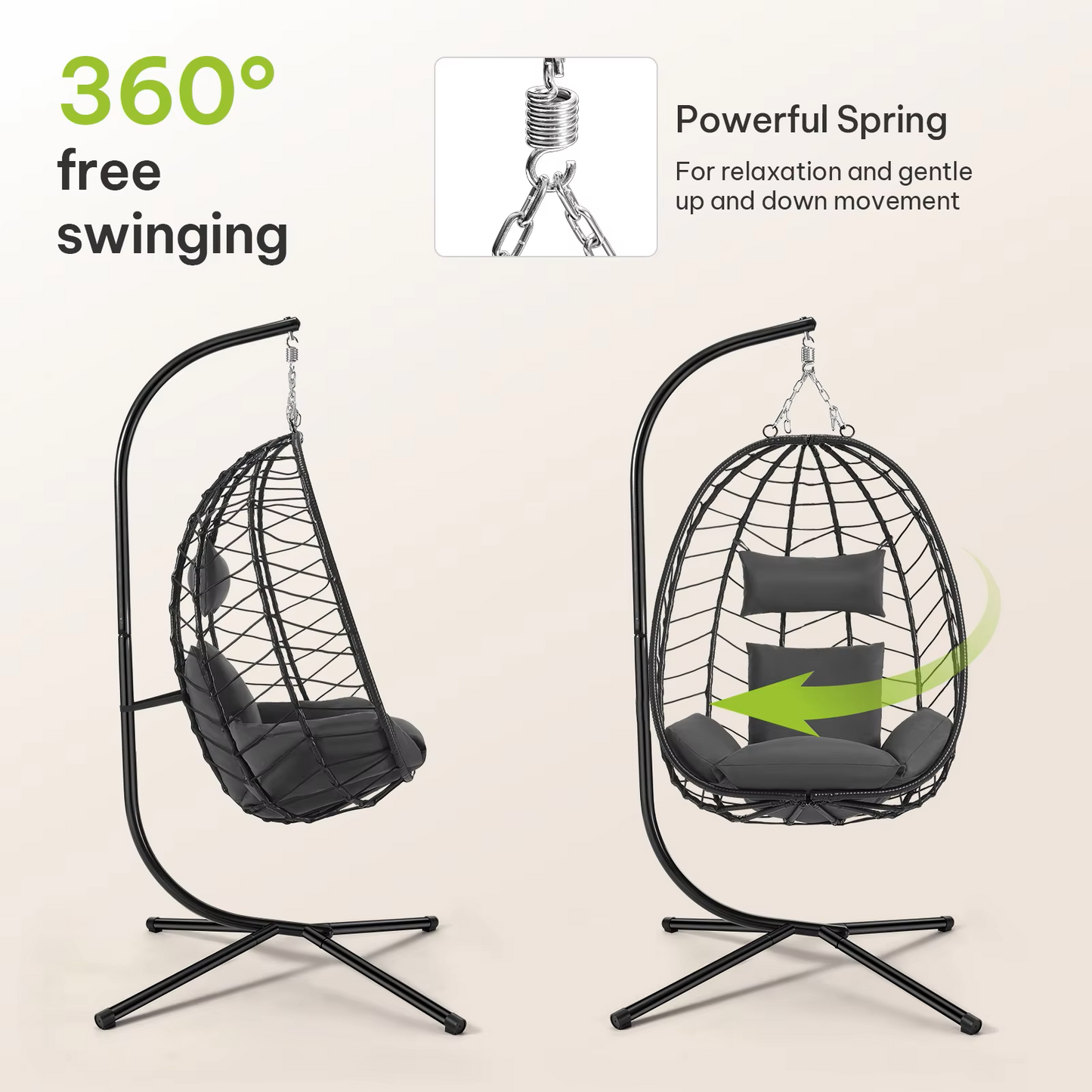 Schommelstoel - Hangende Ei-stoelen - Hangmat -Headrest - met Metalen Standaard - Zitkussen - Draagvermogen 150 kg - voor Tuin - Balkon - Terrasdecoratie - 102 x 100 x 196 cm - Donkergrijs - QUORE