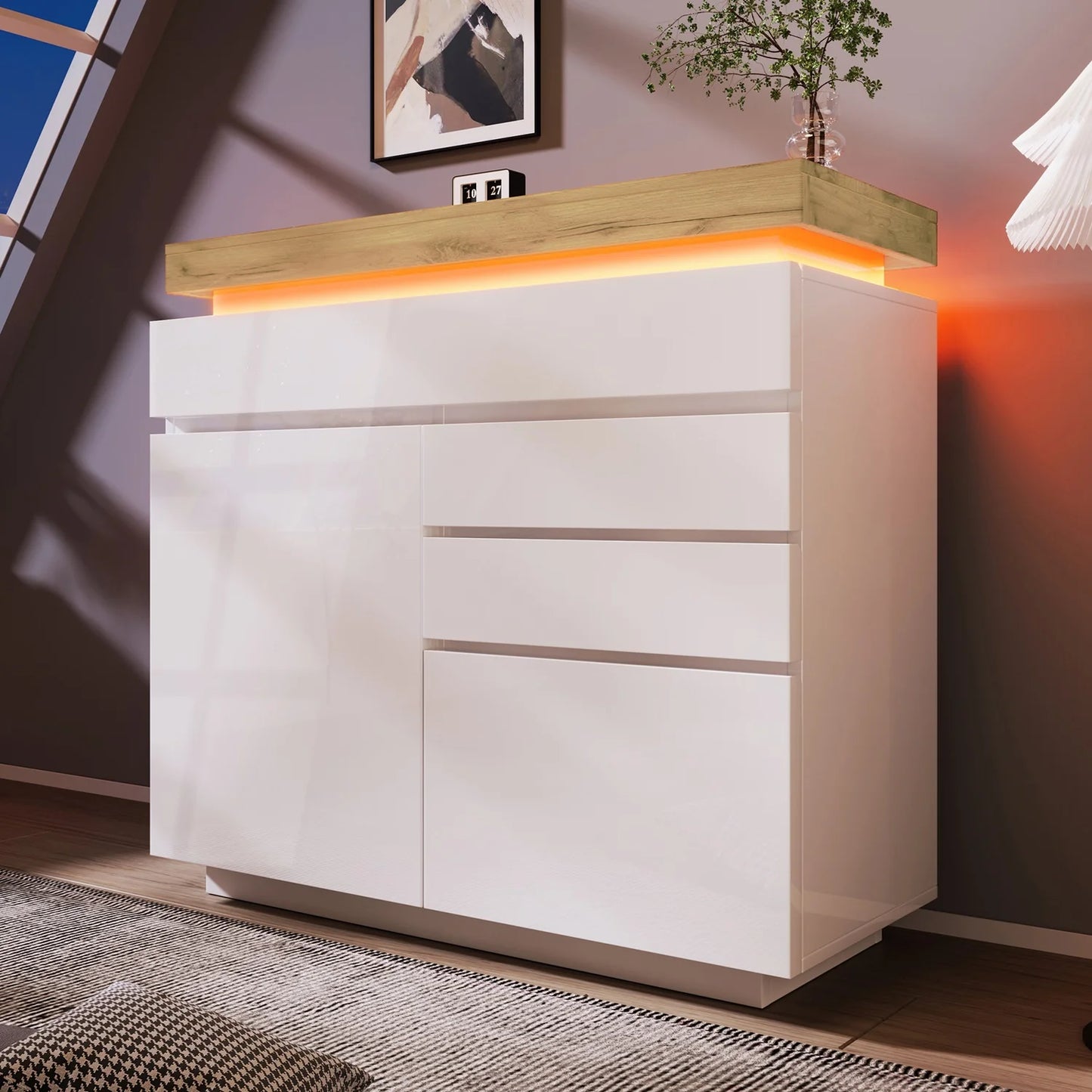 Ladekast – Ladenkast – Opbergkast – Kast – Kommode – Hoogglans – Verstelbare Legplanken – LED-Verlichting - QUORE