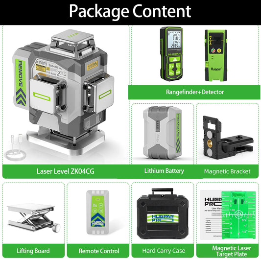 Huepar High Accuracy 16 Lines Laser Level With Detector Rangefinder ±2mm Accuracy Green 4D Self-leveling Cross Line Laser Tools