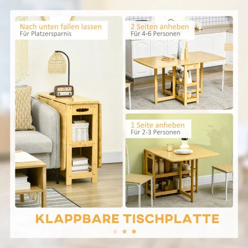 Opvouwbare Eettafel – Klaptafel – Uitklapbare Tafel – Bamboe Tafel – Verstelbare Poten – 2 Opbergruimtes - 59.5 x 80 x 73.5 cm - Houtkleur