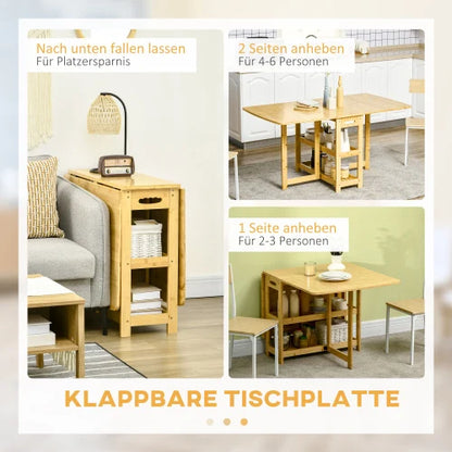 Opvouwbare Eettafel – Klaptafel – Uitklapbare Tafel – Bamboe Tafel – Verstelbare Poten – 2 Opbergruimtes - 59.5 x 80 x 73.5 cm - Houtkleur