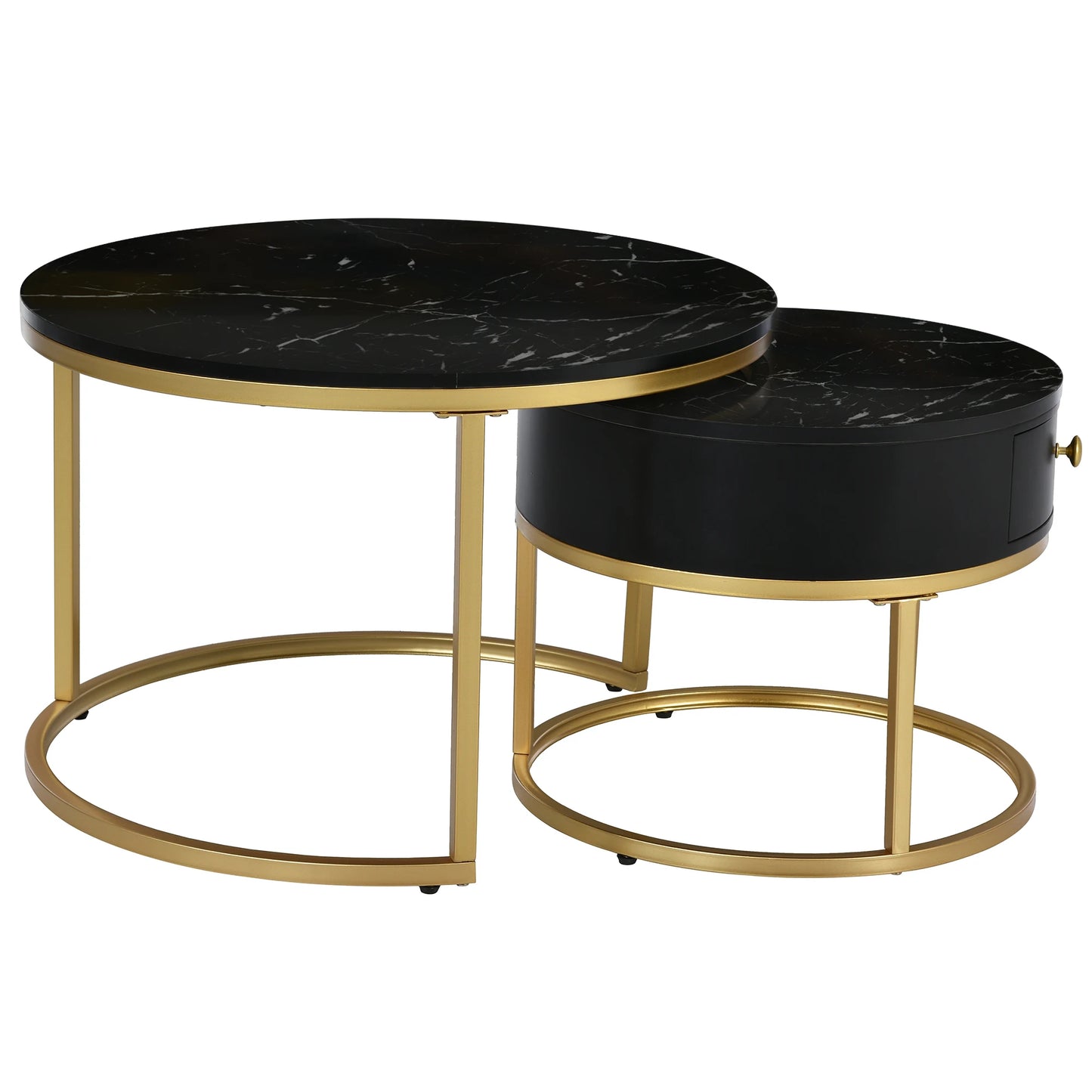 Nesting Salontafel Set – Ronde Bijzettafels – Coffee Table – Woonkamertafel – Hoogglans Marmerlook – Zwart – Ruimtebesparend Design – MDF Bladen