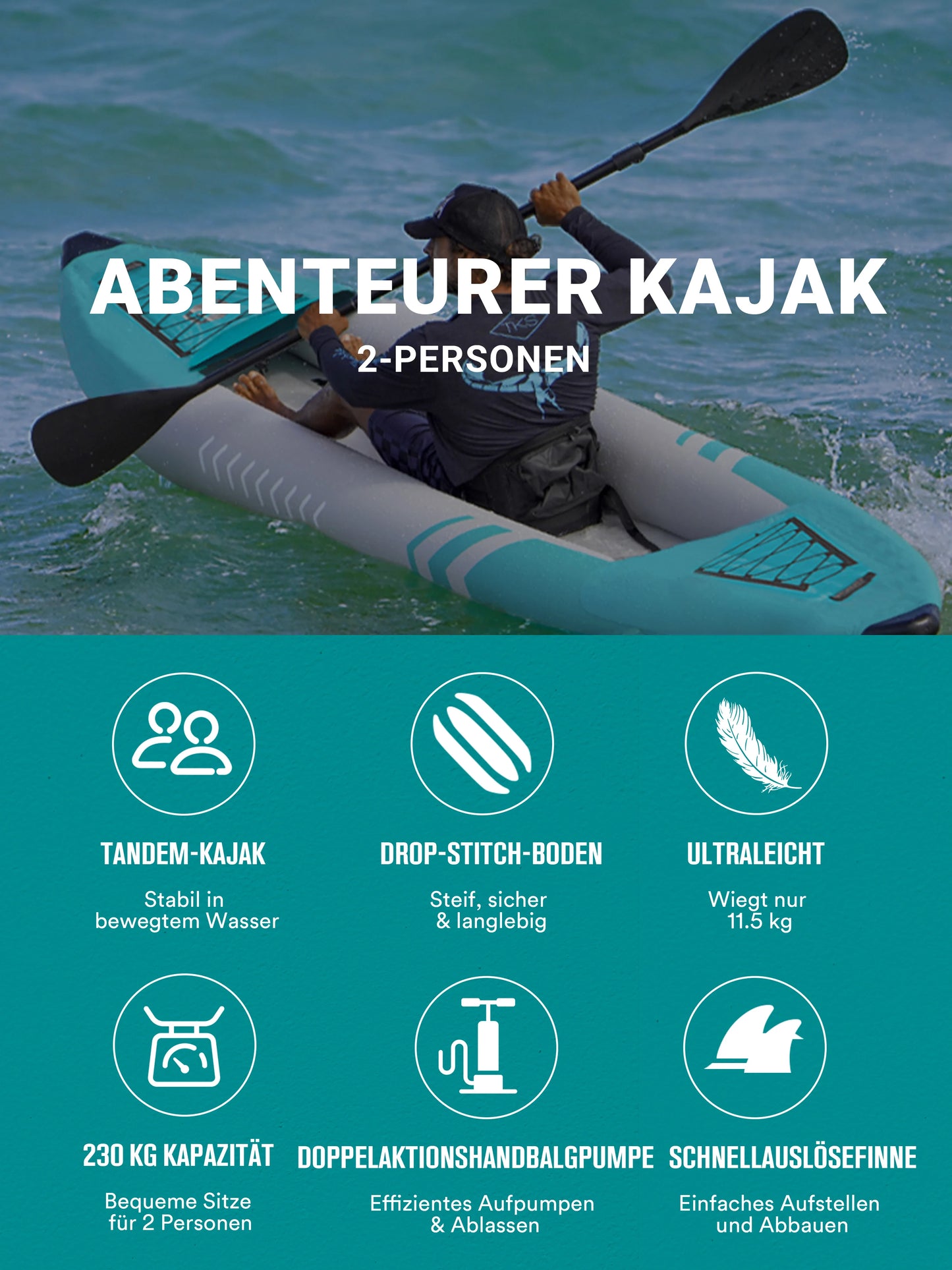 Kajak – Opblaasbare - voor 2-Persoons – Inflatable Kajak – PVC – Lichtgewicht 11,5 Kg – Stevig Dubbelwandig Materiaal