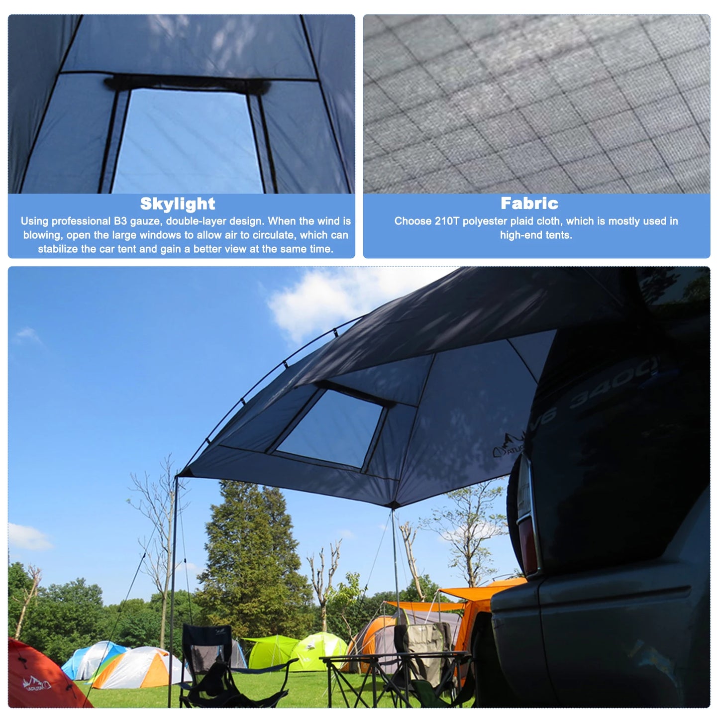 Waterdichte Auto Achtertent – Zonnescherm & Regenluifel – Universele SUV Tent – 350x240x105 cm – 4 Seizoenen - QUORE