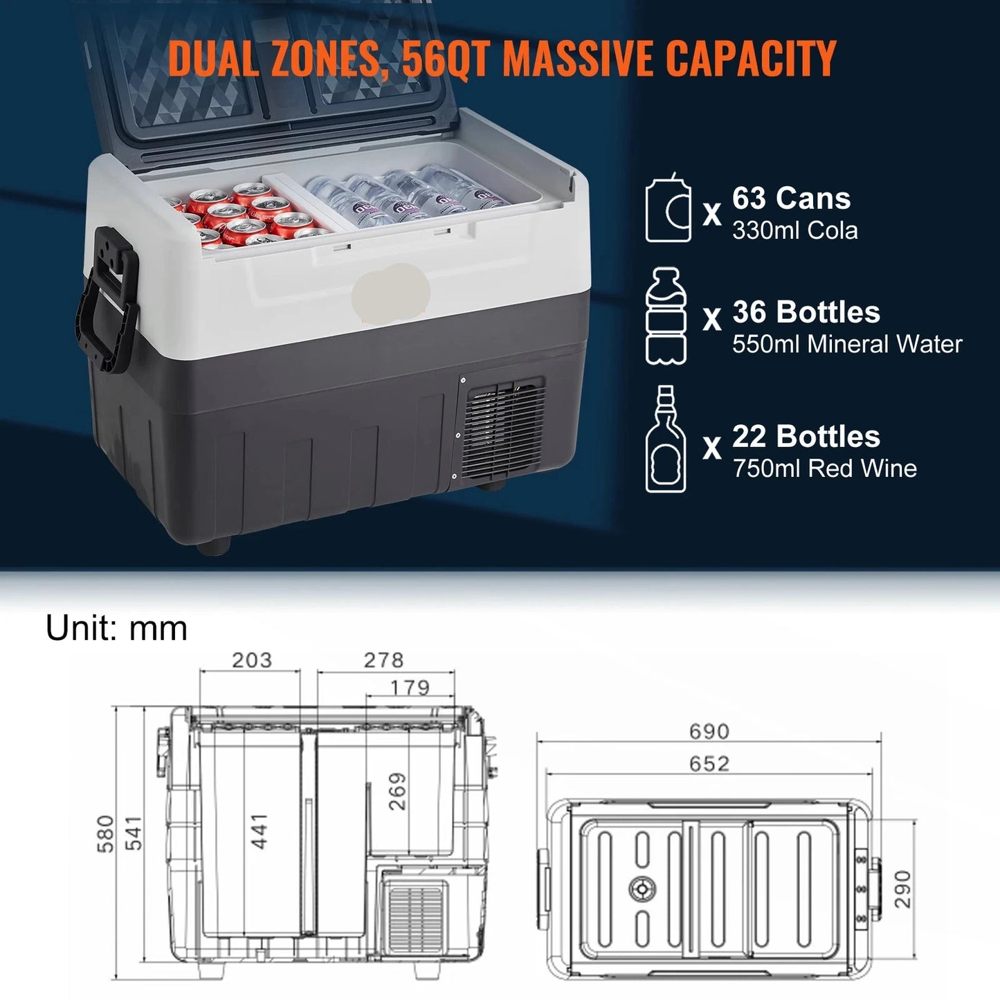 Auto Koelbox - Compressor Koelbox - Compressor Koelkast - Koelbox - 55L- Dual Zone - Mini Vriezer - -20°C tot 20°C - 12V/24V & 230V - Voor Auto - Camper - en Camping