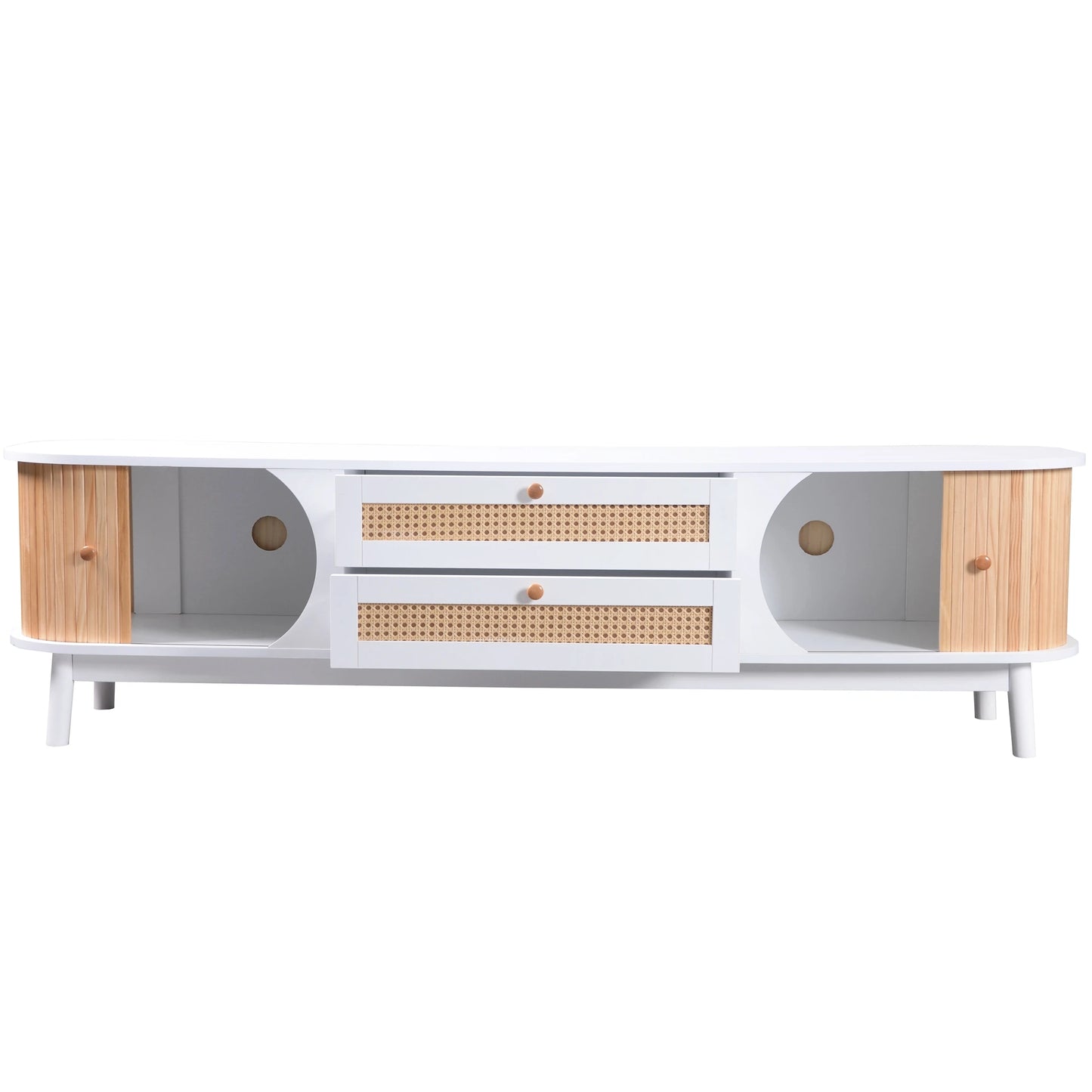 TV-Kast – Tv-Meubel – Houten Kast – Woonkamermeubel – Massief Hout – Handgevlochten Rattan Laden – Schuifdeursysteem