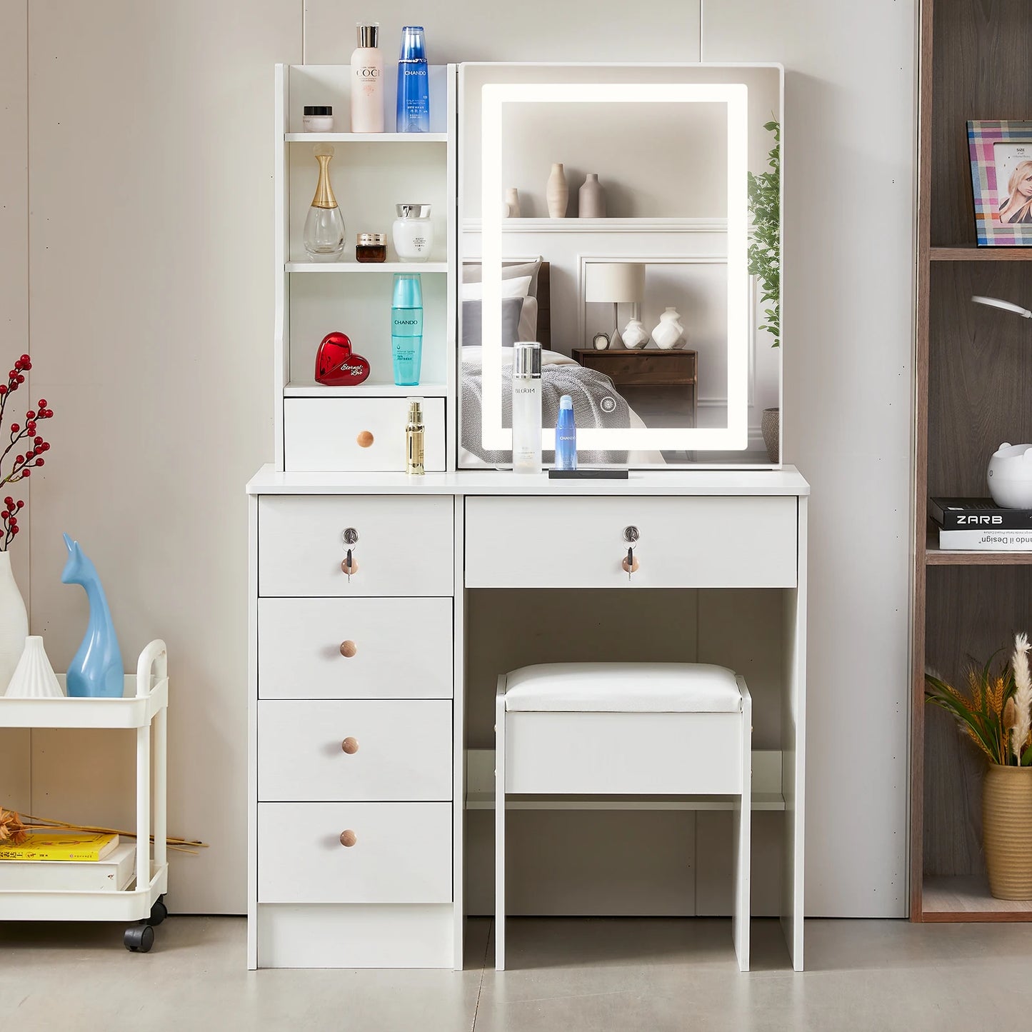 Kaptafel – Make-uptafel – Schminktisch – Vanity – Dressoir – Wit – Met Dimbare LED-Verlichting – Inclusief Comfortabele Kruk