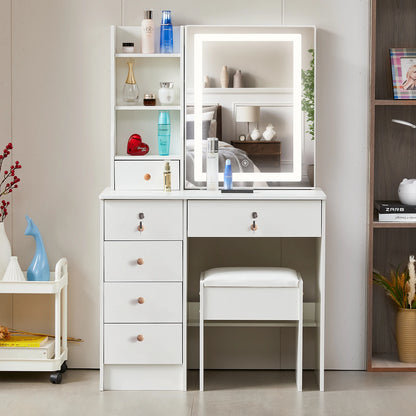 Kaptafel – Make-uptafel – Schminktisch – Vanity – Dressoir – Wit – Met Dimbare LED-Verlichting – Inclusief Comfortabele Kruk