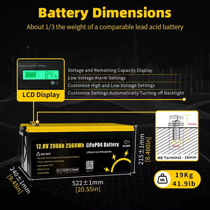 Lithium-ijzerfosfaataccu – LiFePO4 Batterij – Camper Accu – Zonne-energie Accu – Powerbank – 12.8V 200Ah – IP65 Waterbestendig – 4000 Laadcycli Met LCD-Display