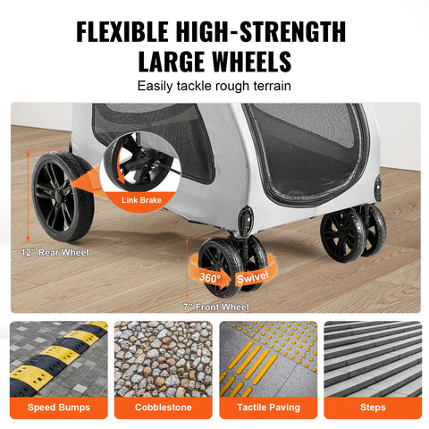 Stroller - Dog Carriage - Dog Stroller - Foldable Dog Stroller - Dog Cart - 160 lbs - 4 Wheels - with Rotating Wheels - with Brakes and Height Adjustable - Medium Large Dogs - Gray