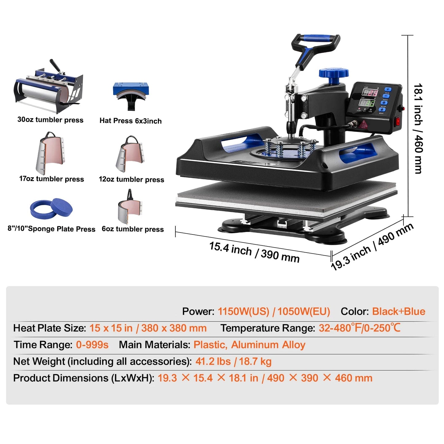 8-in-1 Multifunctioneel – Hittepers – Heat Press Machine – Transferpers – T-shirt Pers – Mokken Pers – 15x15 Inch Persplaat - Blauw