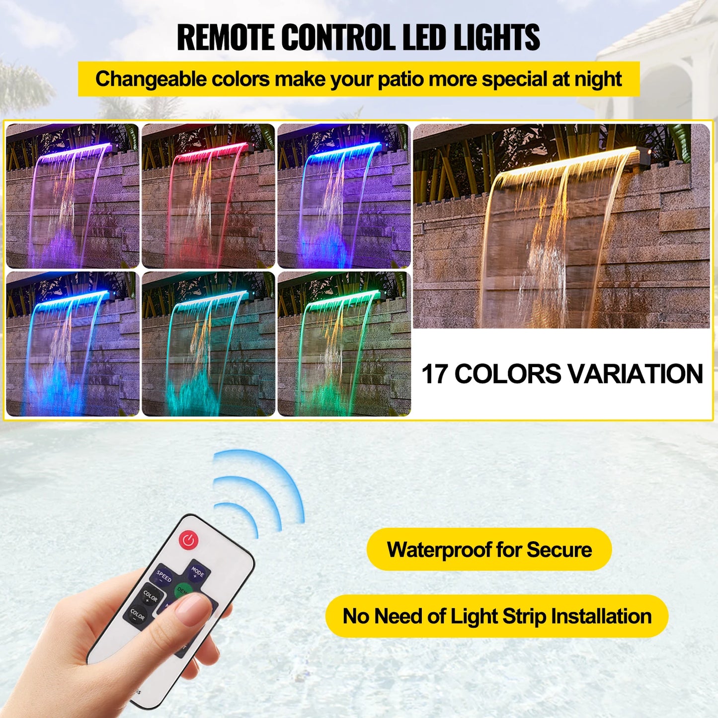 Waterval Fontein - Zwembad - Waterval Overlaat - Kamerfontein  - Binnen & Buiten -  92 cm - met LED-verlichting - Zwembadfontein met 17 Kleuren en Afstandsbediening – Buiten Fontein Kit voor Waterpartijen