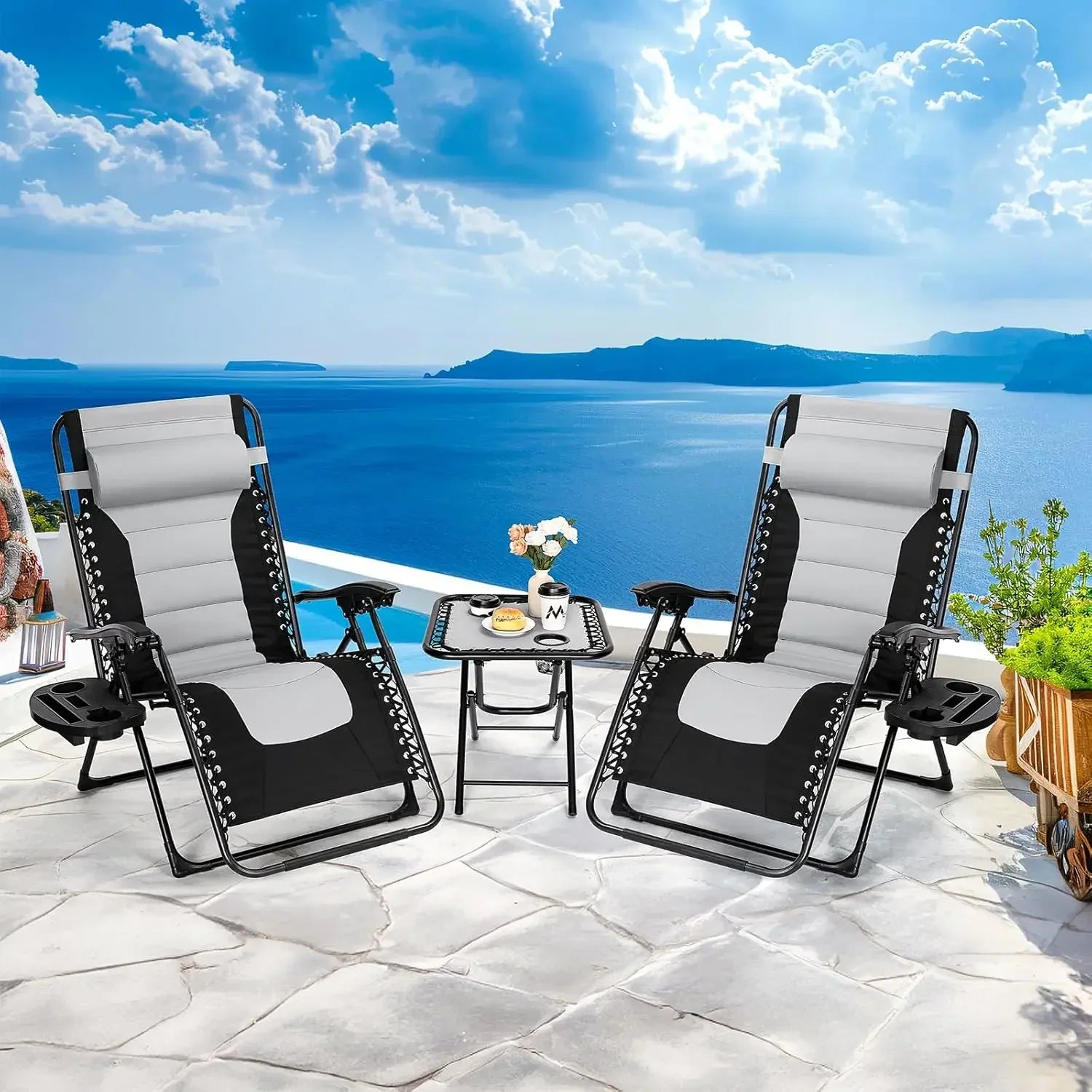 Ligstoel - Tuinstoelen - Strandstoel - Opvouwbare Tuinstoelen met Tafel - Verstelbare Rugleuning 90°-160° - Brede Zitting en Hoofdkussen - Voor Tuin - Strand en Balkon - Zwart Blauw - QUORE