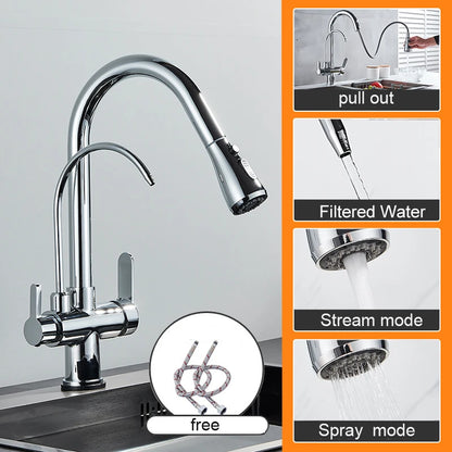 Keukenkraan - met Uittrekbare Uitloop - Twee Handgrepen - voor Koud - Warm Water - Vuistdouche - Drinkwater - en Keukenmixers - Chroom