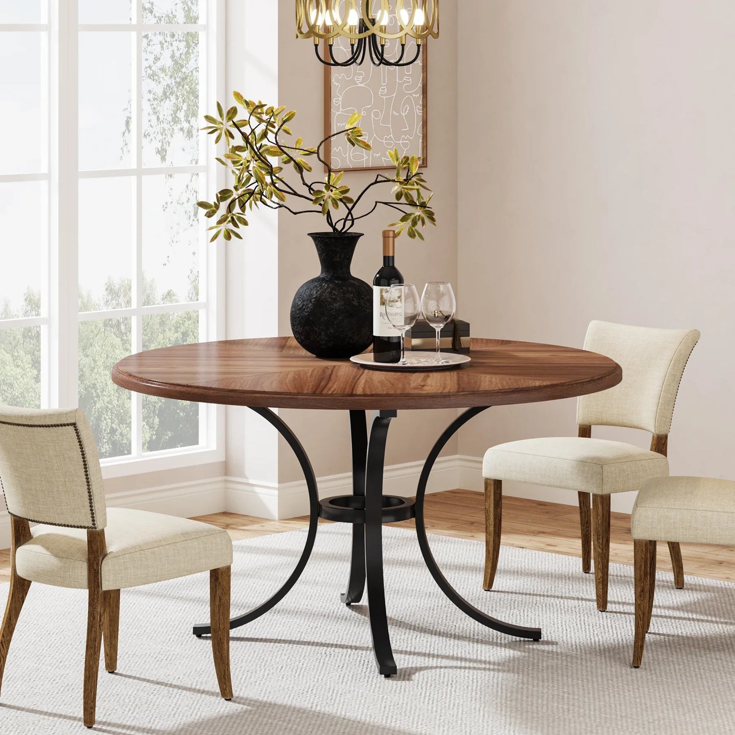 Ronde Eettafel – Eettafel – Ontbijttafel – Theetafel – Woonkamertafel – 120x120 Cm – Houtfineer Met Metalen Poten