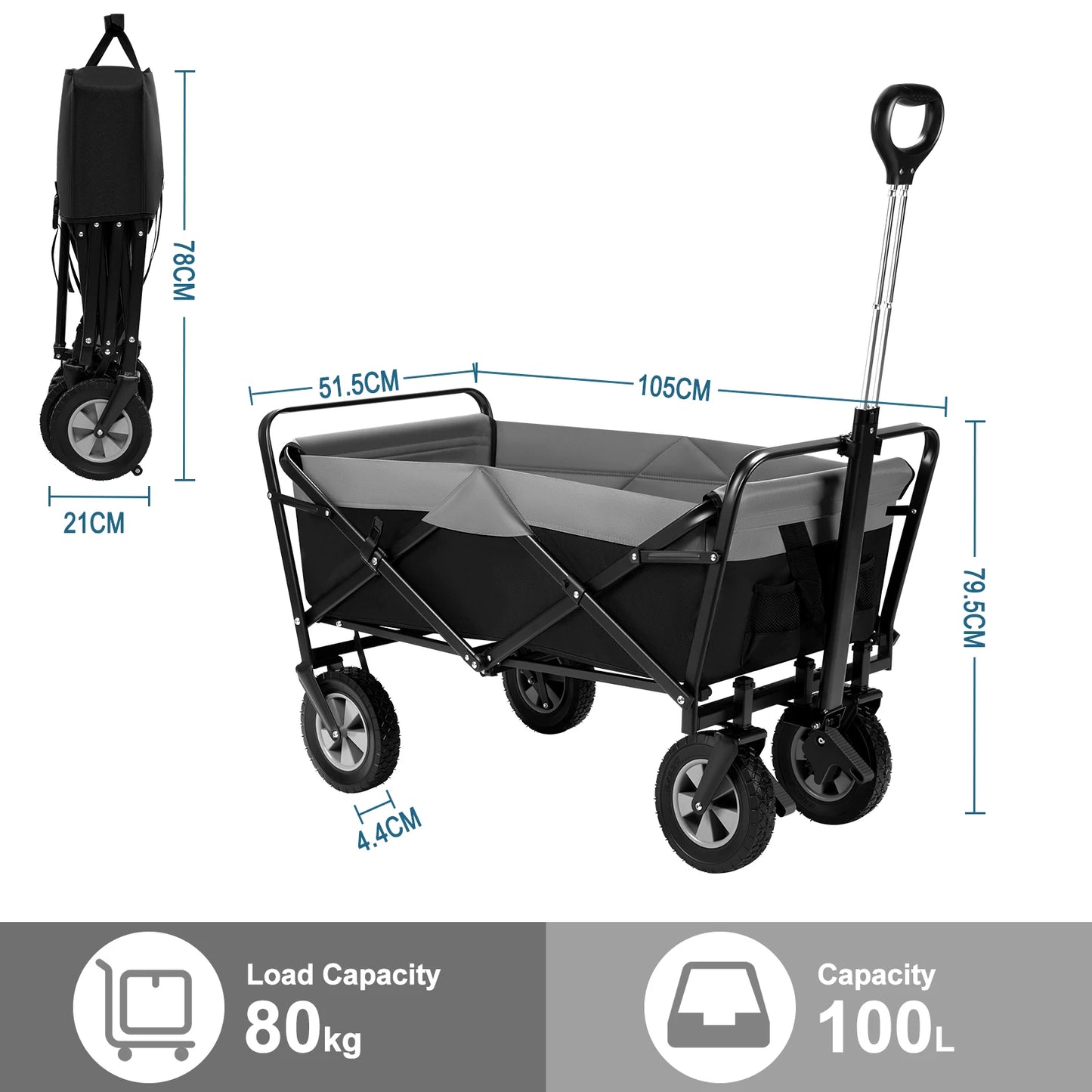 Tuinwagen - Tuinkar - Bolder - Transport - Strand - Boodschappen - Heavy-duty - Plat- en - Hekwerkontwerp - Voor Tuin - Erf - en Magazijn - Ergonomische Handgreep - 100L - 360° Draaibare Wielen - Draagvermogen 80kg - Zwart en Grijs - QUORE