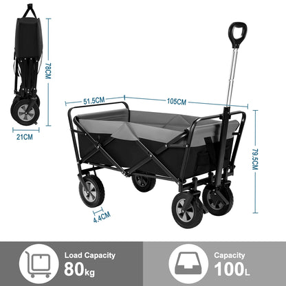 Tuinwagen - Tuinkar - Bolder - Transport - Strand - Boodschappen - Heavy-duty - Plat- en - Hekwerkontwerp - Voor Tuin - Erf - en Magazijn - Ergonomische Handgreep - 100L - 360° Draaibare Wielen - Draagvermogen 80kg - Zwart en Grijs - QUORE