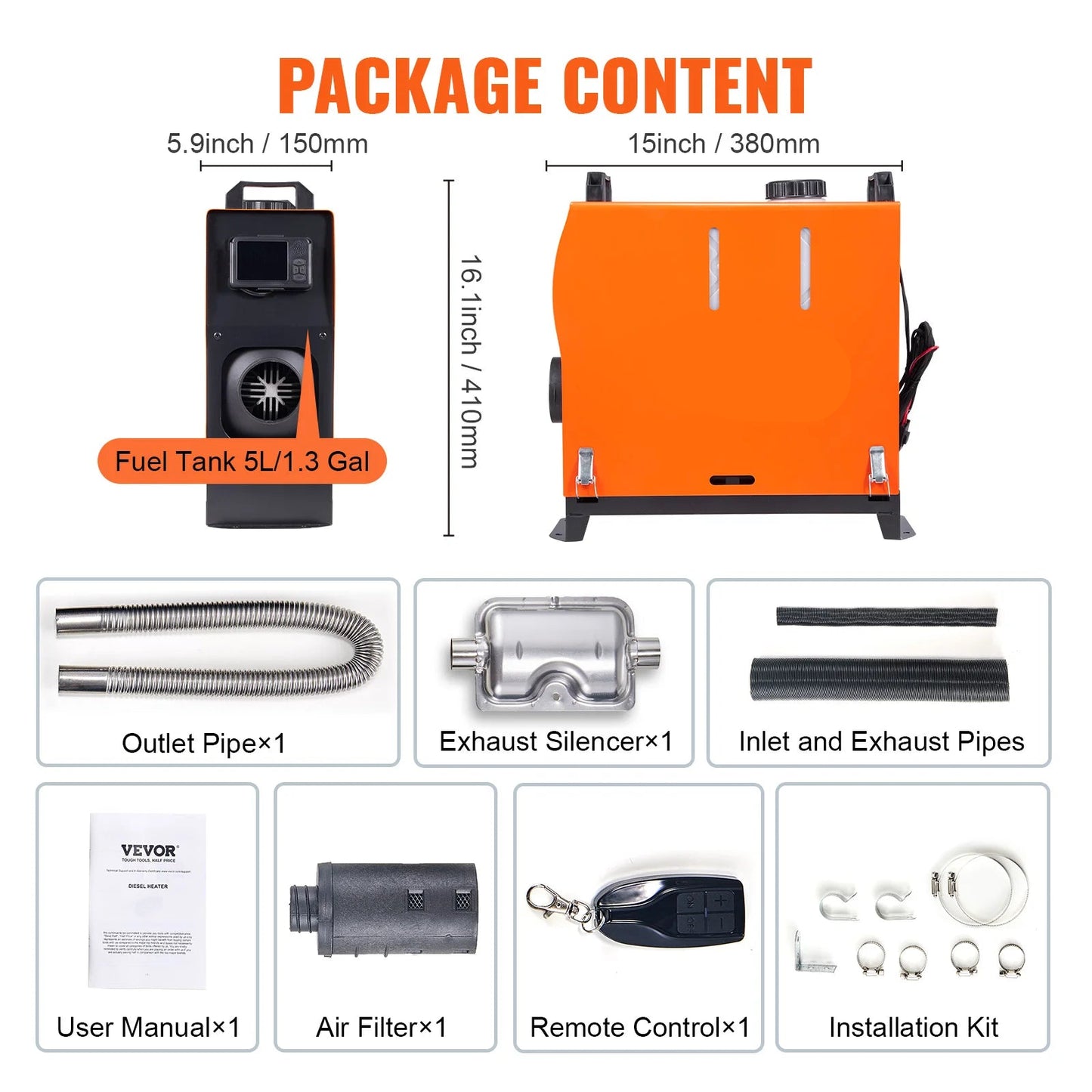 Luchtverwarmer - Standkachel - Alles-in-één - 12V - 5KW - Bluetooth & LCD-Scherm - Afstandsbediening - Draagbare Parkeerverwarming - voor Camper - Auto - Boot - Binnengebruik - Oranje