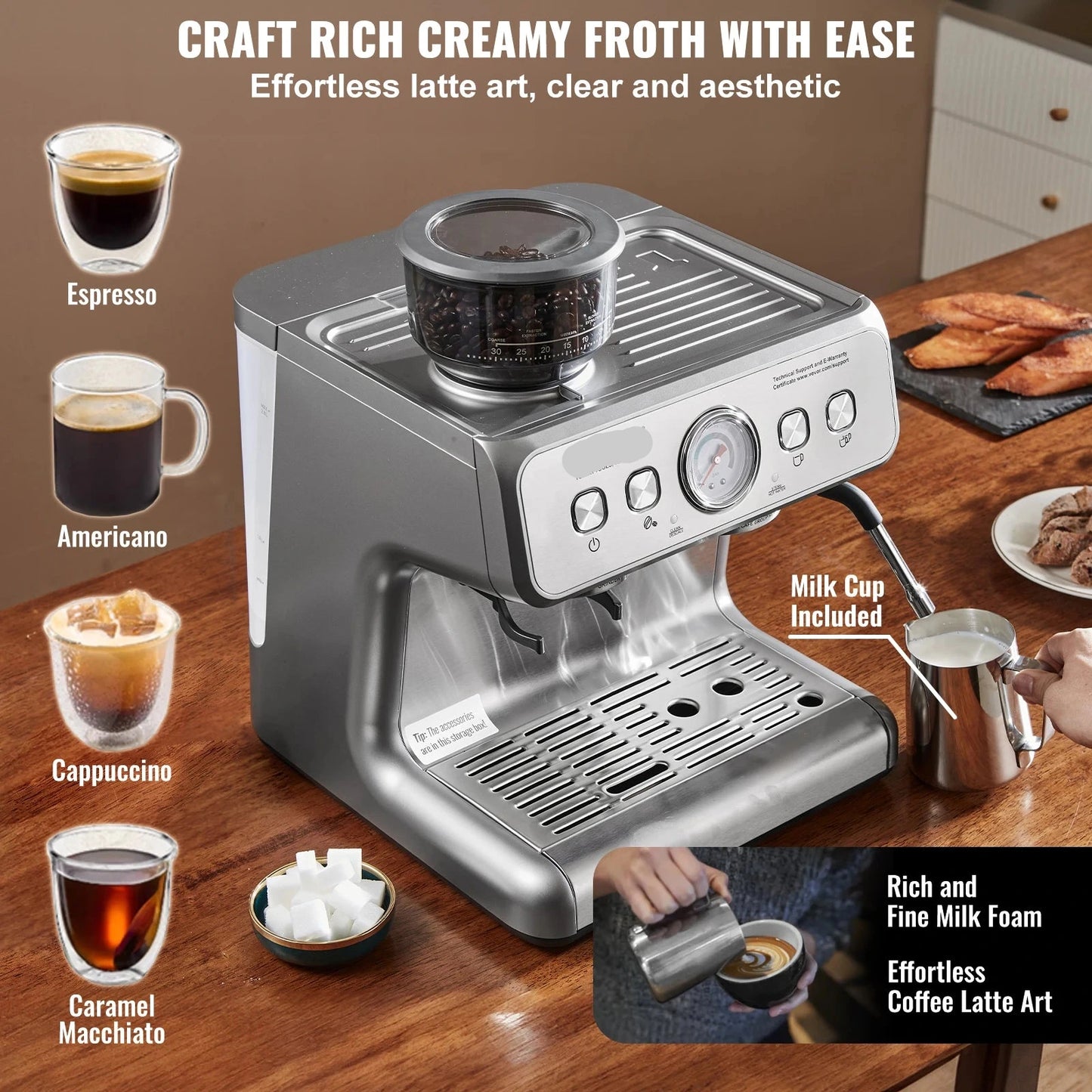 Espressomachine - Koffiemachine - Compact Koffiezetapparaat - 15 Bar - Halfautomatisch - met Stoompijpje - PID Temperatuurcontrole - 2,8L Waterreservoir - Voor Latte & Cappuccino