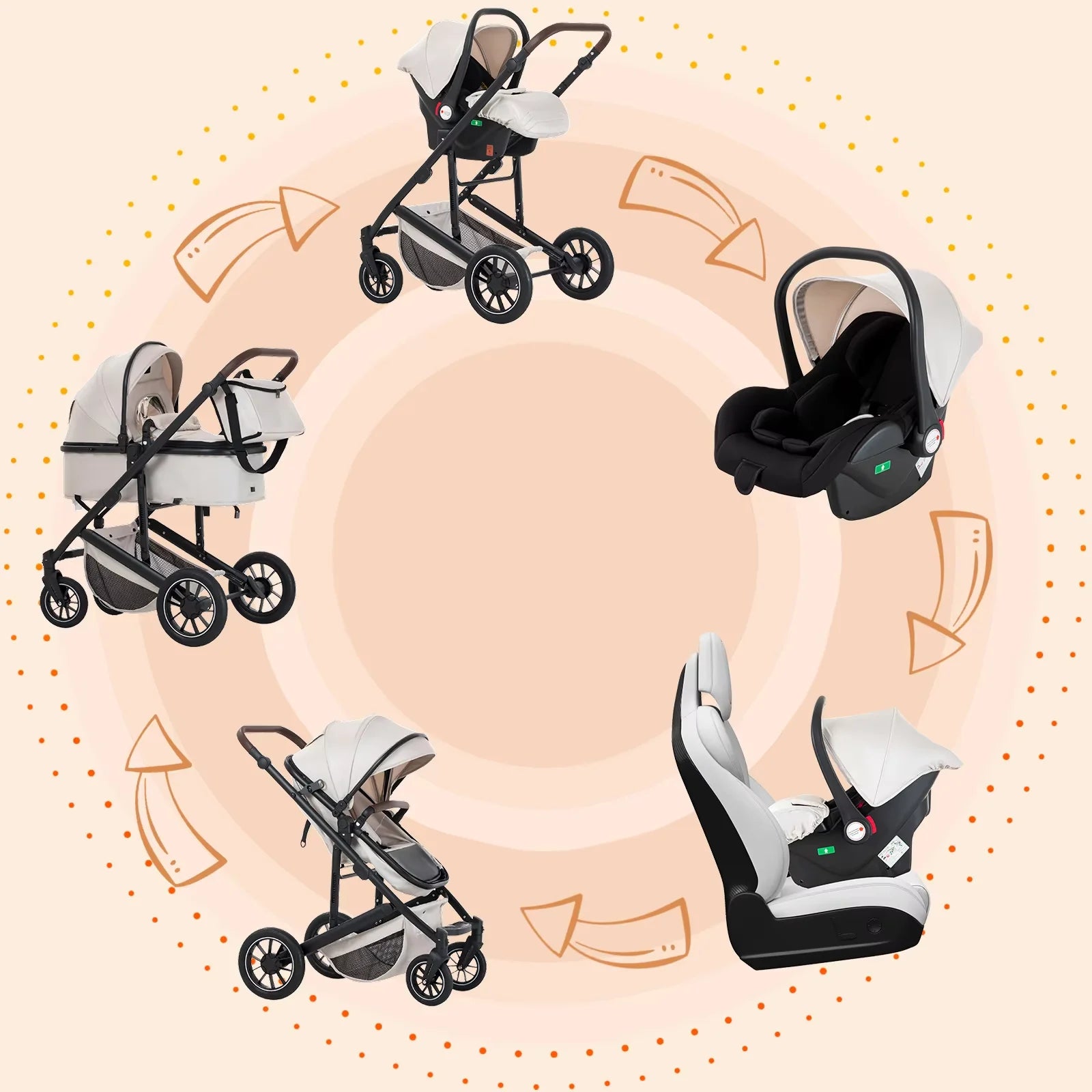 Babywagen - Kinderwagen - Buggy - Wandelwagen - 3-in-1 - met Reiswieg - en Autostoel - Opvouwbaar - Lichtgewicht - Aluminium Frame - voor Baby's - en Peuters - Donkergrijs - QUORE