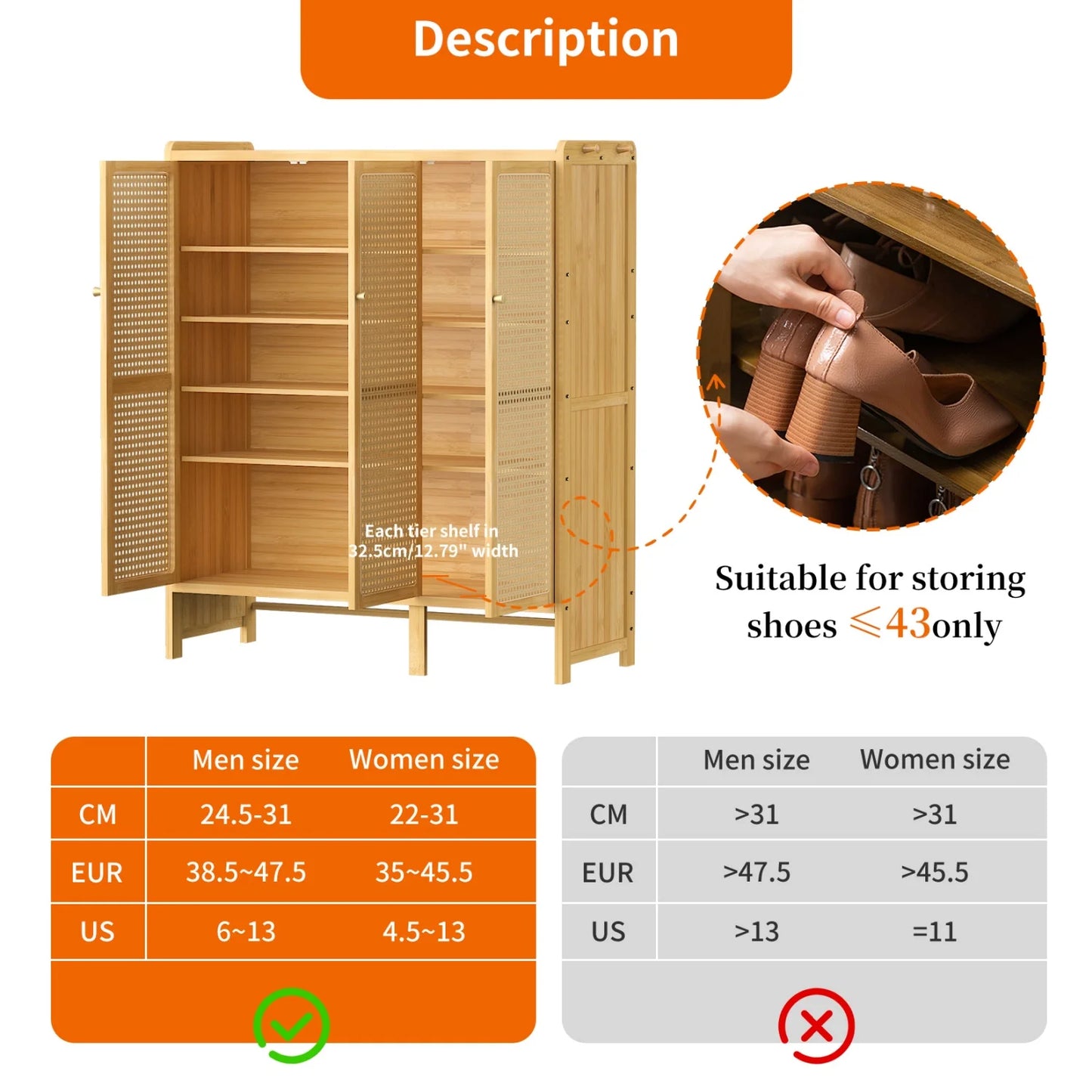 20 Pairs Bamboo Shoe Storage Cabinet 107cm Tall Rattan Shoe Cabinet with Doors and 6-Tier Shelves for Entryway Hallway Closet