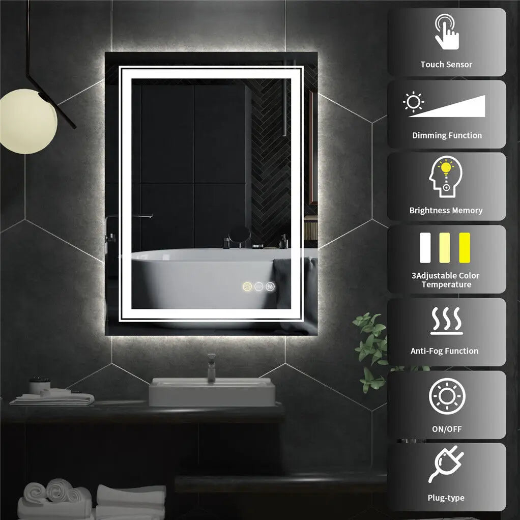 Badkamerspiegel - met LED - Spiegel - Badkamerspiegel met Verlichting - Anti-condens - Dimbaar - Backlit - 3 Lichtkleuren - Touch Bediening - IP44 Waterdicht - Hard-wired Wandmontage - 50x70cm