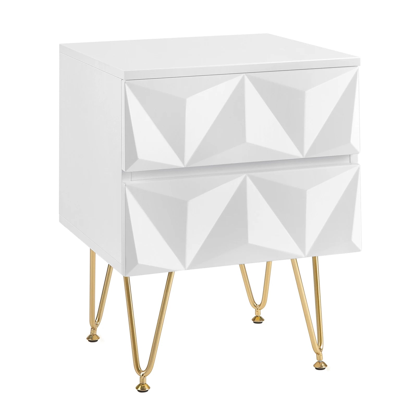 Nachtkastje met Geometrisch Design – Moderne Bedkast met 2 Lades en 3D-Effect – Witte & Gouden Afwerking – Compacte Ladekast 40x53x40 cm – Stijlvol voor Slaapkamer - QUORE