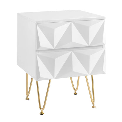 Nachtkastje met Geometrisch Design – Moderne Bedkast met 2 Lades en 3D-Effect – Witte & Gouden Afwerking – Compacte Ladekast 40x53x40 cm – Stijlvol voor Slaapkamer - QUORE