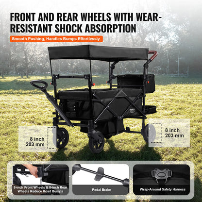 VEVOR Wagon Stroller for 2 Kids Push Pull Quad Collapsible Stroller with Adjustable Handle Encircling Harness Removable Canopy