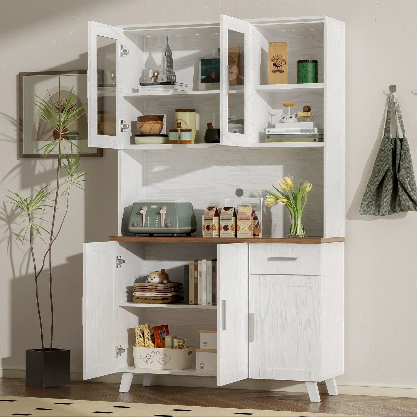 Dressoir – Hoge Kast – Opbergkast – Woonkamermeubel – Buffetkast – Spaanplaat – Glazen Deuren