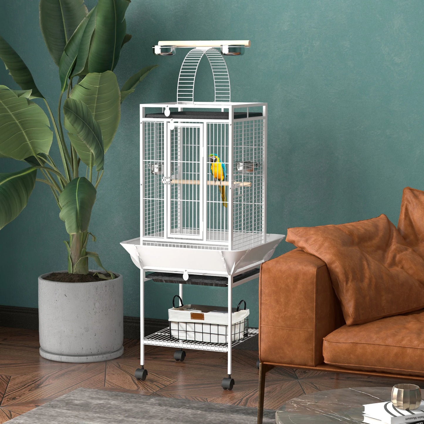 Vogelkooi – Vogelhuis – Vogelkooi Met Standaard – Vogelkooi Met Wielen – Vogelkooi Met Deurtjes – Sterke Stalen Constructie – Uitneembare Voedselbakken