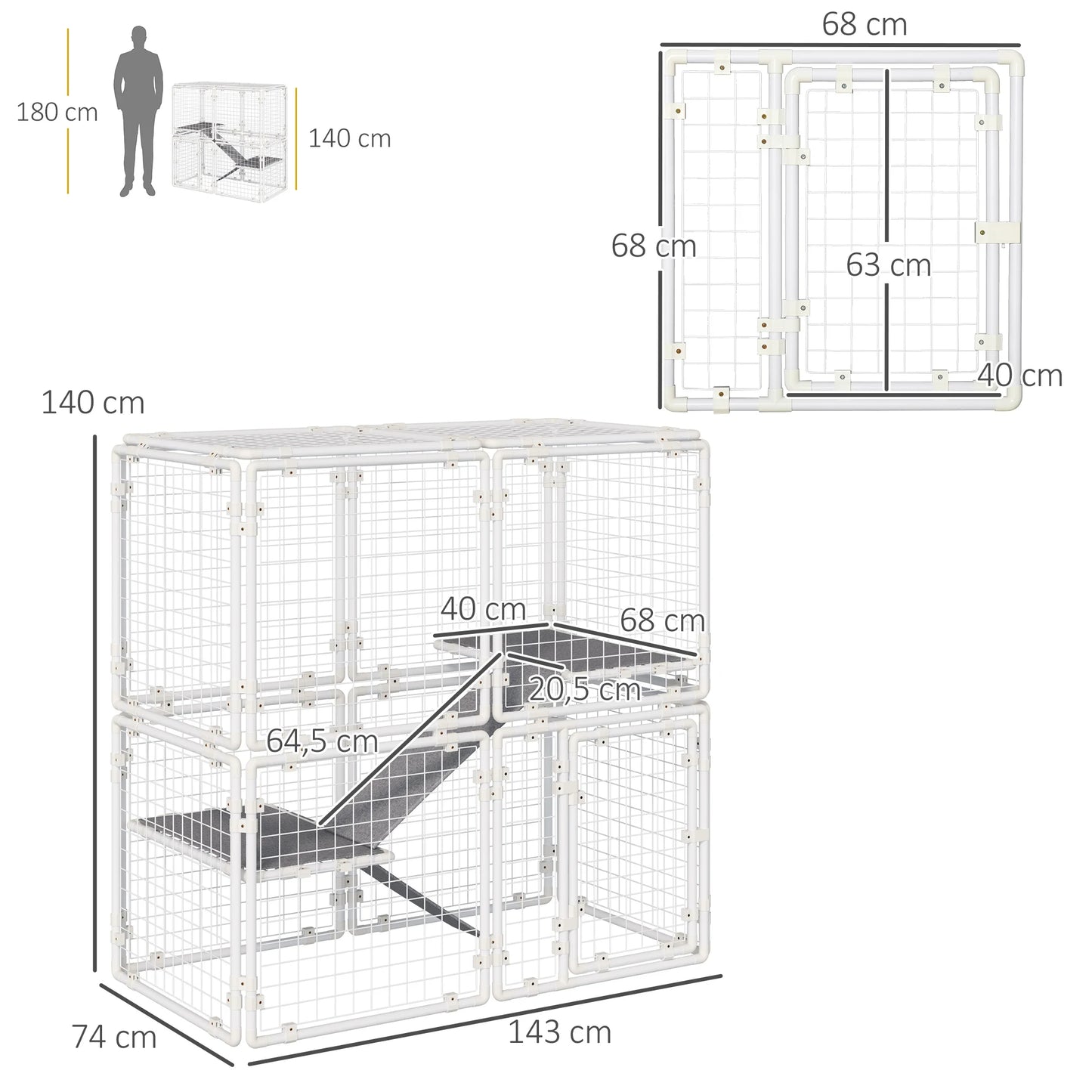 Modulaire Dierenren – Knaagdierren – Huisdierenren – Speelren – Binnenren – Stevig Staal – Vilten Mat - 143 x 74 x 140 cm - QUORE