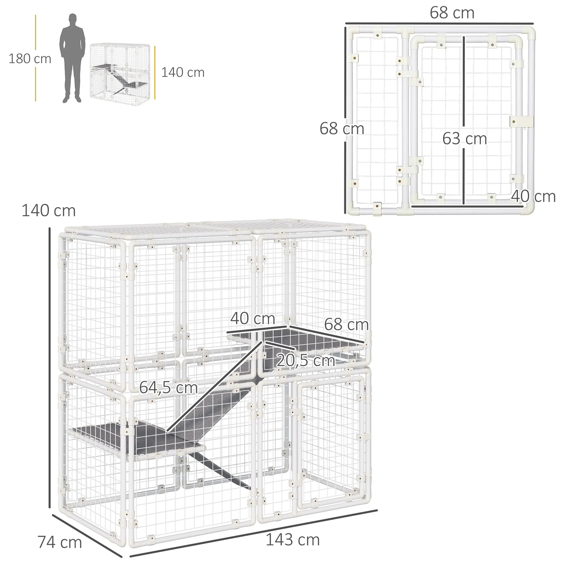 Modulaire Dierenren – Knaagdierren – Huisdierenren – Speelren – Binnenren – Stevig Staal – Vilten Mat - 143 x 74 x 140 cm - QUORE