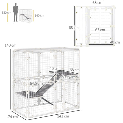 Modulaire Dierenren – Knaagdierren – Huisdierenren – Speelren – Binnenren – Stevig Staal – Vilten Mat - 143 x 74 x 140 cm - QUORE