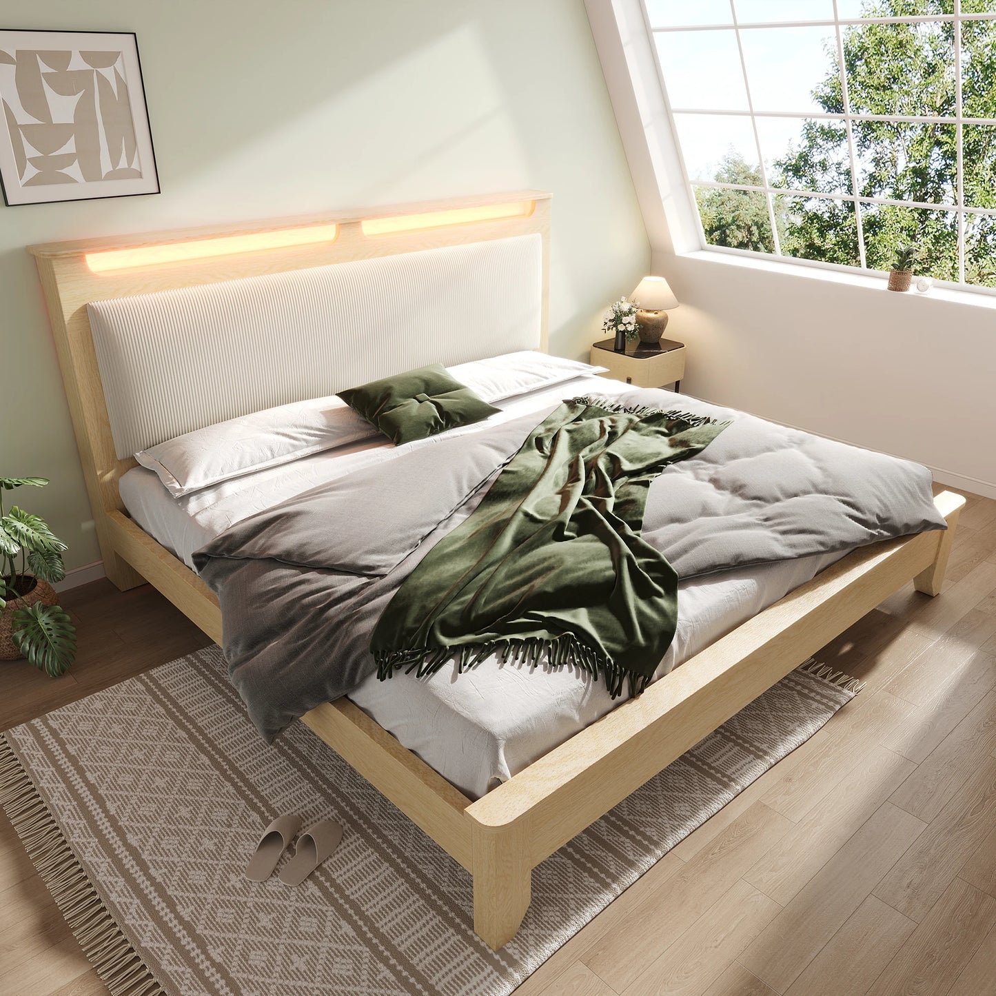 Bedframe – Tweepersoonsbed – Houten Bed – Platformbed – Gebruikt als Bedombouw – 140x200 cm – LED Verlicht Hoofdbord – Met Opbergruimte en Gestoffeerde Rugleuning
