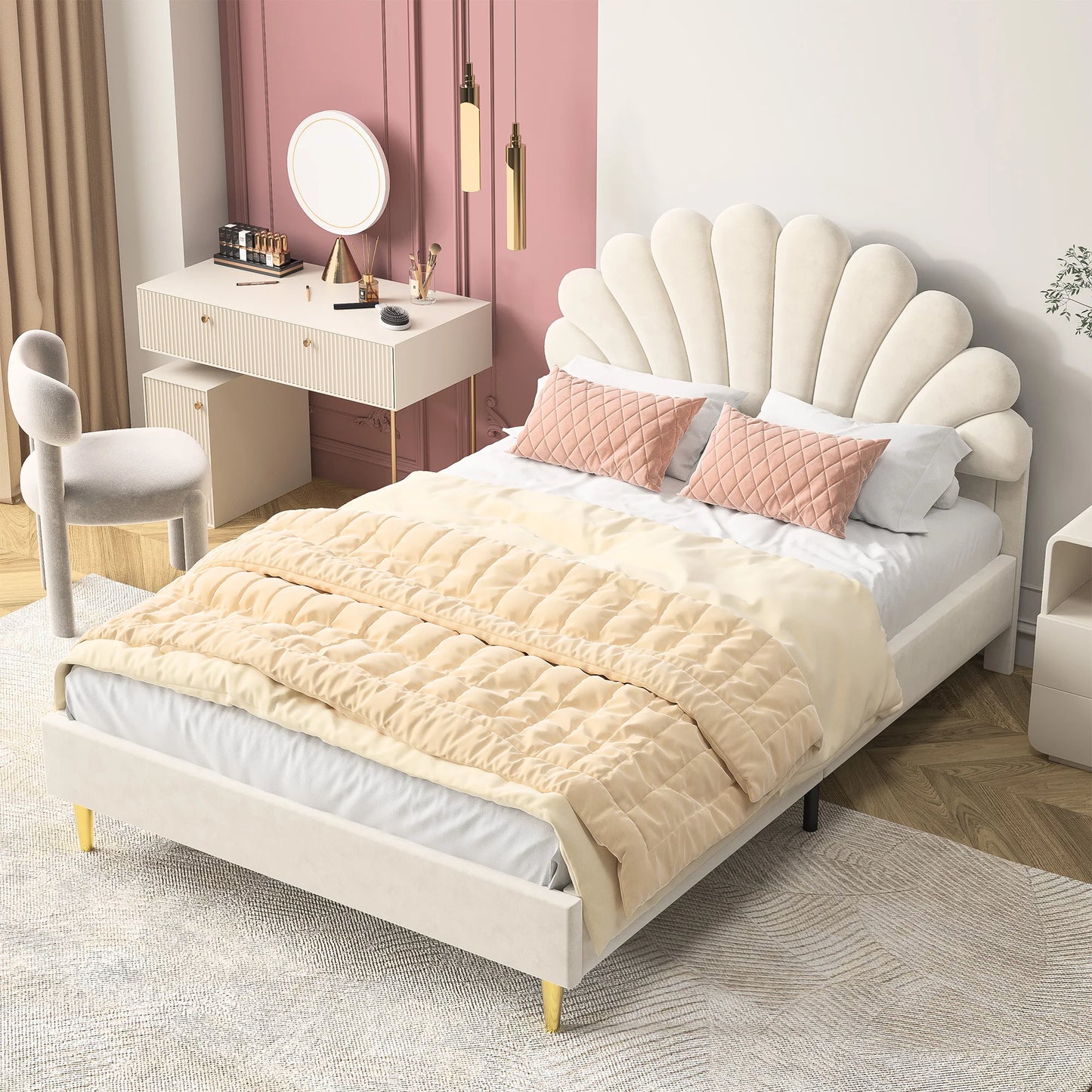 Bedbank – Kinderbed – Slaapbank – Tweepersoonsbed – Gestoffeerd Bed – 140x200 cm – Fluwelen Bekleding – Bloemvormig Hoofdbord - QUORE