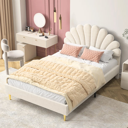 Bedbank – Kinderbed – Slaapbank – Tweepersoonsbed – Gestoffeerd Bed – 140x200 cm – Fluwelen Bekleding – Bloemvormig Hoofdbord - QUORE