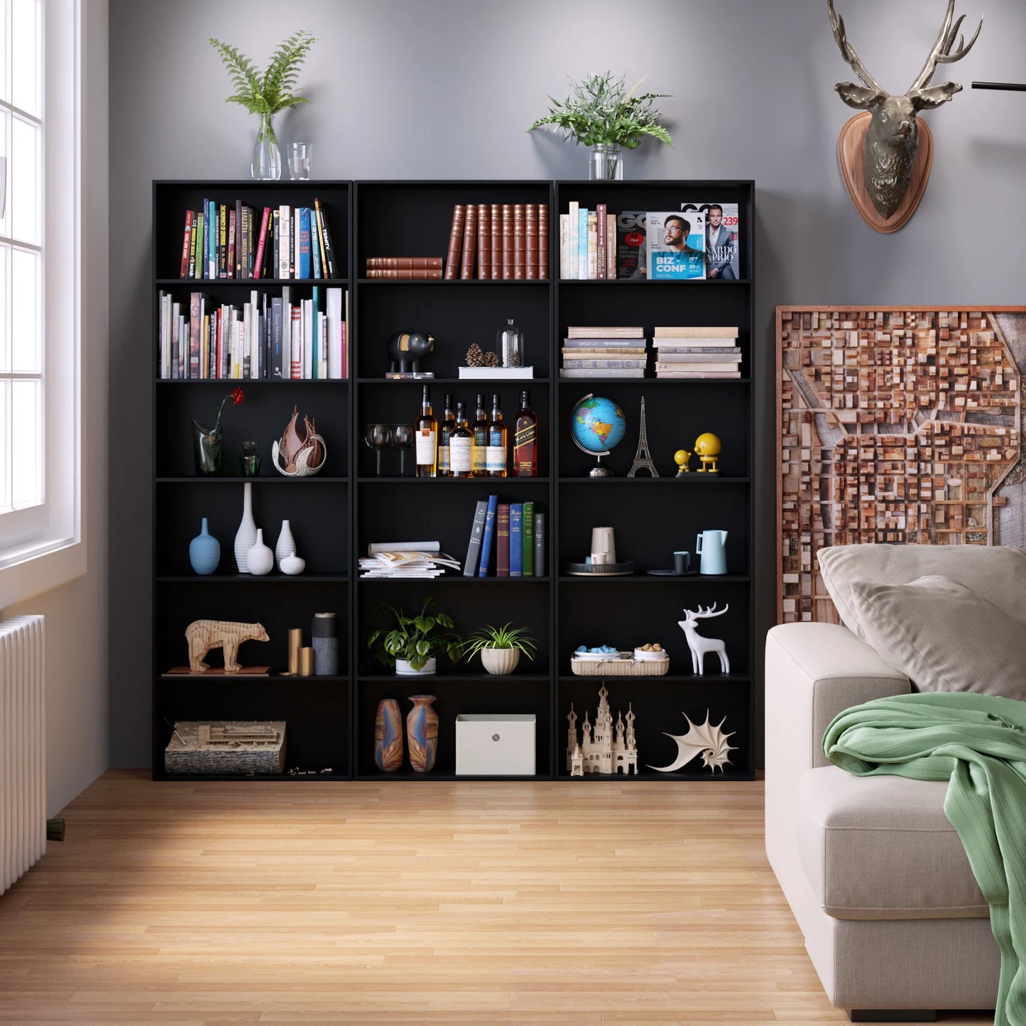Boekenkast - Kast - Boekenrek - Hoge Kasten - Boekenkasten - 6-Tier - 180 cm Display Rek - Houten Opbergkast voor Woonkamer - Opbergsysteem - Eiken - QUORE