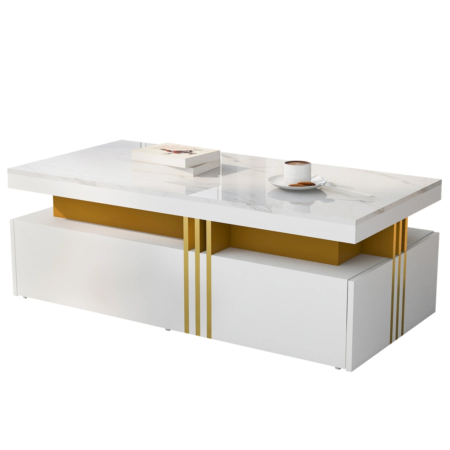 Salontafel – Sofa Tafel – Bijzettafel – Werktafel – Met 2 Ruime Lades – MDF Met Melamine Coating - 100 x 50 x 40 cm - Wit-Goud