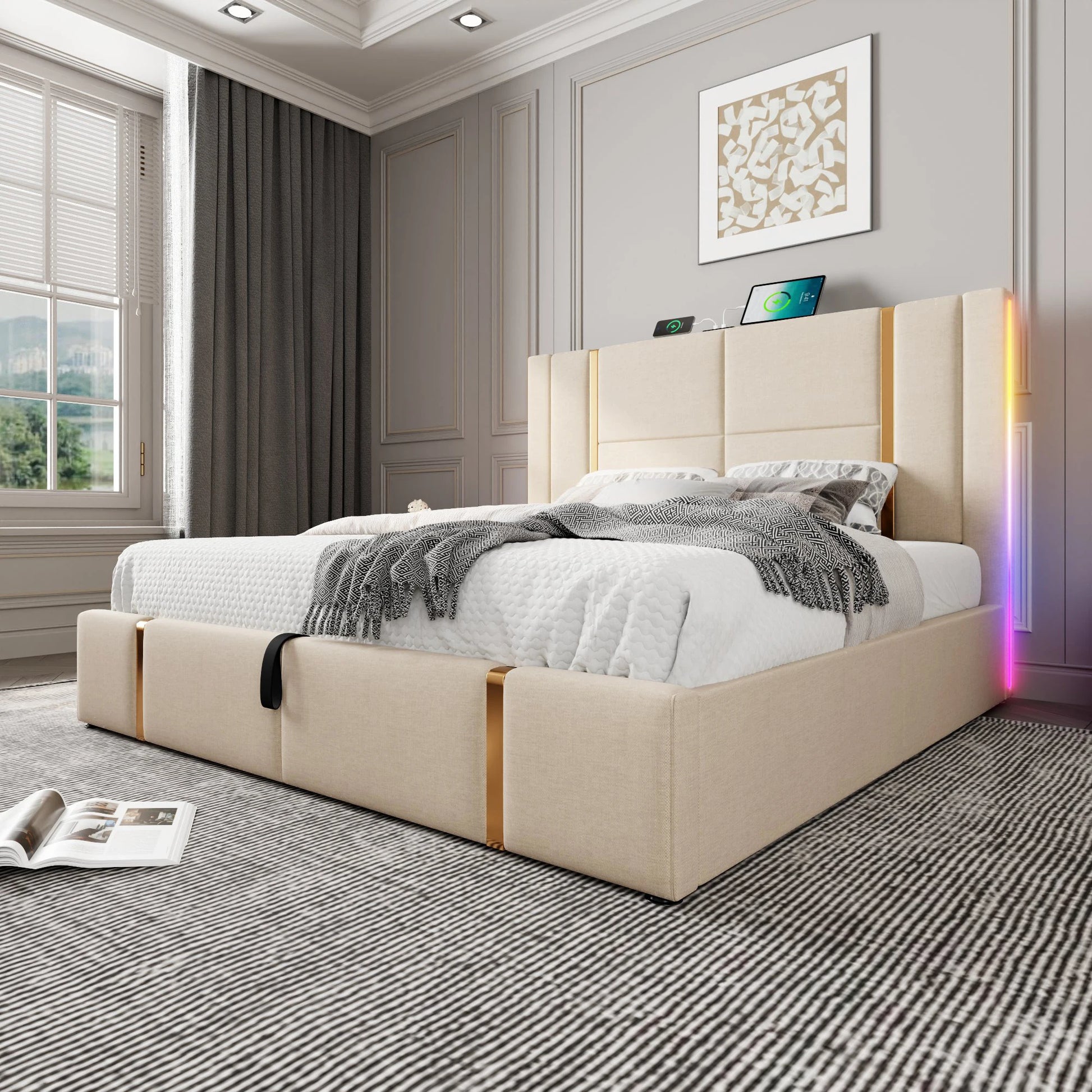 KOMHTOM Double bed USB Type C charging function APP control LED storage bed rack linen material without mattress - QUORE