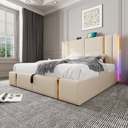KOMHTOM Double bed USB Type C charging function APP control LED storage bed rack linen material without mattress - QUORE