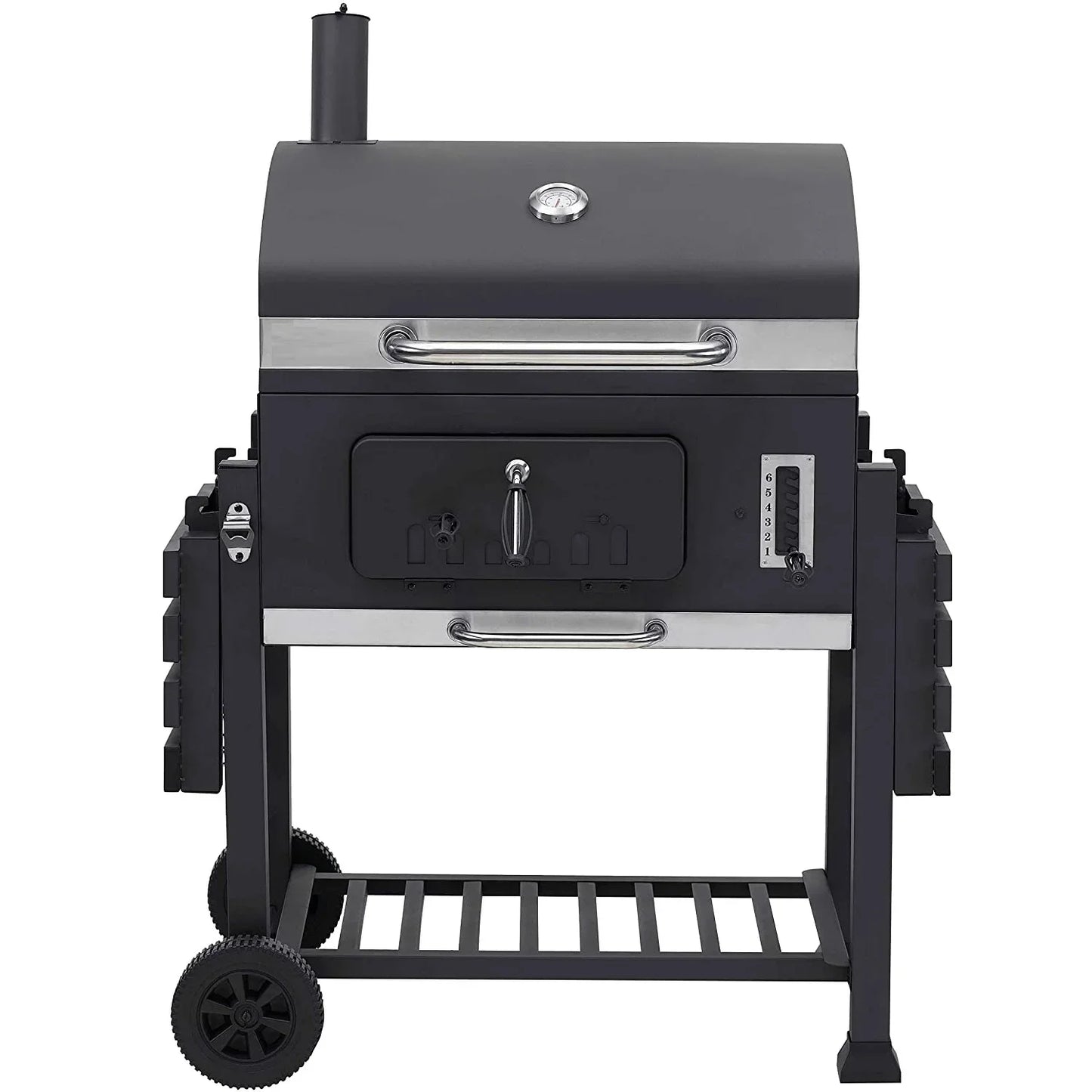 Houtskoolgrill - BBQ-rokergrill -  met Grillroosters - Thermometer - Planken - Haken - Verstelbare Houtskoollade - Wielen - Groot Grilloppervlak - voor Buiten - Tuin - Achtertuingrillen - 152 x 60 x 136 cm - Zwart